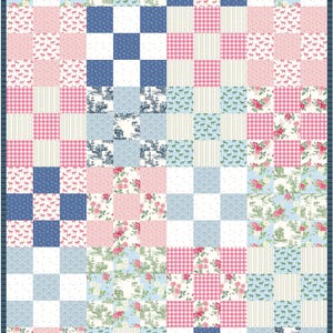 May include: A patchwork quilt with a checkerboard pattern. The quilt features squares of various patterns, including floral prints, gingham, and solid colors in shades of pink, blue, and white. A dark blue border frames the design.