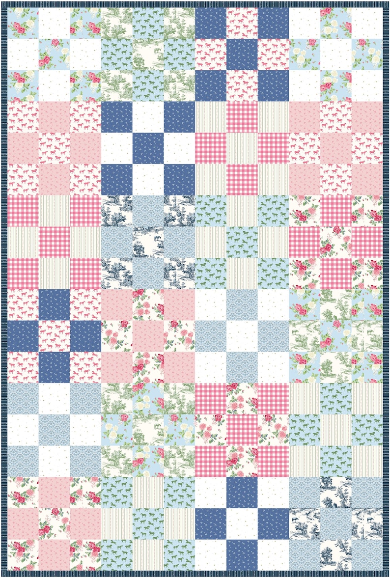 May include: A patchwork quilt with a checkerboard pattern. The quilt features squares of various patterns, including floral prints, gingham, and solid colors in shades of pink, blue, and white. A dark blue border frames the design.