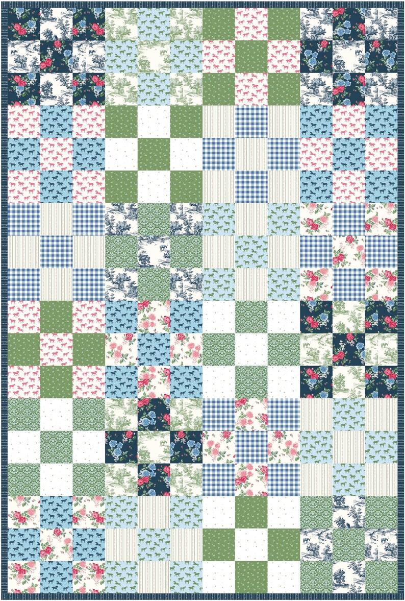 May include: A patchwork quilt featuring a variety of patterned squares. The quilt incorporates floral, horse, and gingham patterns in shades of blue, pink, green, and white. A dark blue border frames the design.