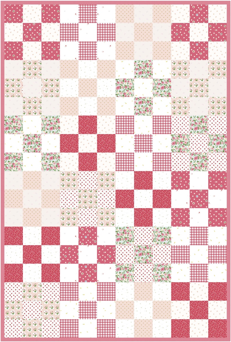May include: A patchwork quilt with a pink border. The quilt features a checkerboard pattern of squares in various designs, including floral prints, polka dots, gingham, and solid pink and white squares.