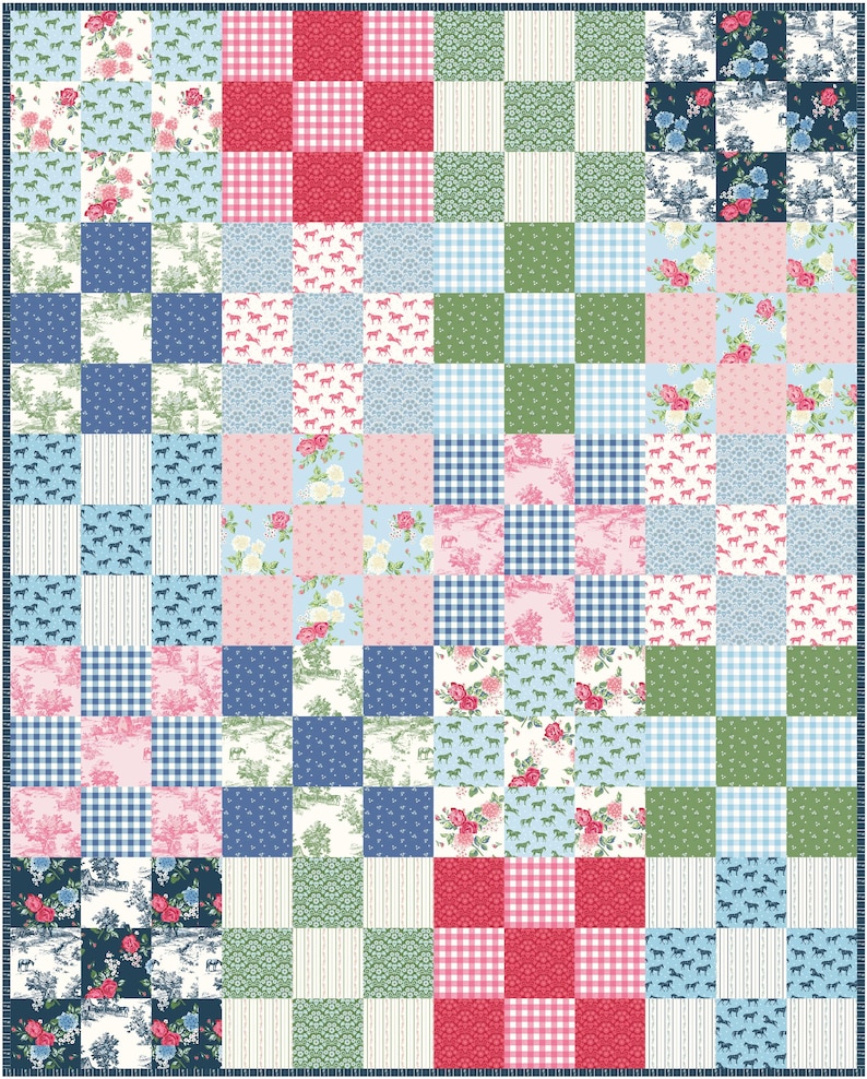 May include: A patchwork quilt featuring a variety of patterns and colors. The design includes squares of gingham, floral prints, horse silhouettes, and toile scenes in shades of blue, pink, red, and green. The quilt has a dark blue border.