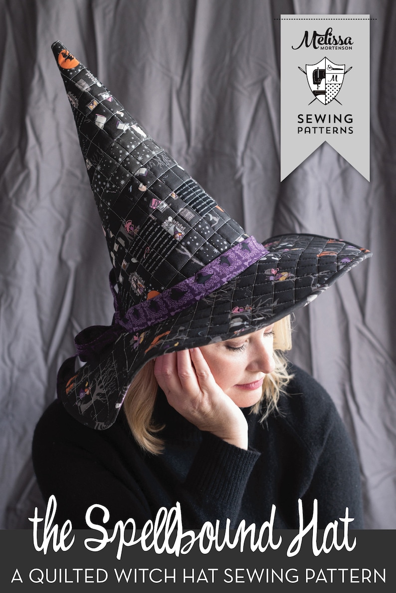 May include: A black and purple quilted witch hat with a pointed crown and a wide brim. The hat is decorated with a black and white print of a spooky forest scene. The text "the Spellbound Hat" and "A Quilted Witch Hat Sewing Pattern" is displayed below the hat.