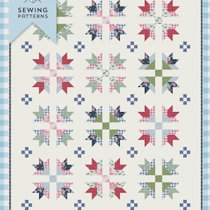 May include: A quilt pattern with a repeating star design in red, green, blue, and pink fabrics. The quilt is labeled "Bluegrass Crossing Quilt" and "Fat Quarter Friendly". The pattern is by Melissa Mortenson.