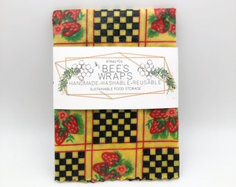 Checkered Strawberries Print Bees Wax Food Wraps. Strawberries . Checkered.