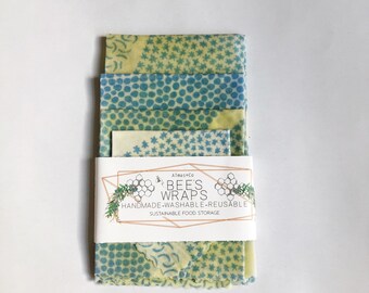 Blue + White Polka Dot Print Beeswax Food Wraps. Natural Colors.