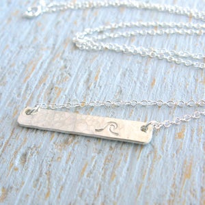 Wave Necklace, Silver Wave Necklace, Wave Bar Necklace, Stamped Bar Necklace, Simple Wave Necklace, Beach Necklace