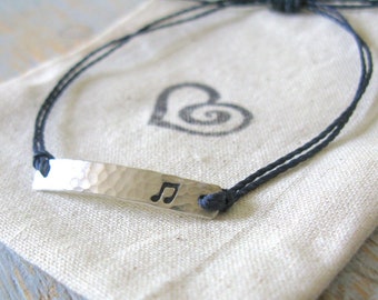 Music Note Bracelet, String Music Note Bracelet, Adjustable Silver Music Note Bracelet, Stamped Music Note Bracelet, Music Bracelet