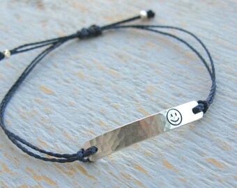 Smiley Face Bracelet, Smiley Face String Bracelet, Smiley Face Stamped Bracelet, Adjustable Bracelet