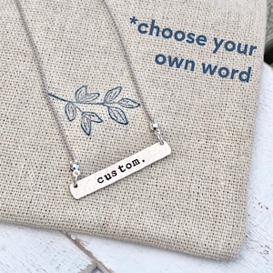 Custom Word Bar Necklace, Word Necklace, Silver Word Necklace, Breathe Necklace, Silk Cord Necklace