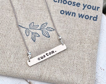 Custom Word Bar Necklace, Word Necklace, Silver Word Necklace, Breathe Necklace, Silk Cord Necklace