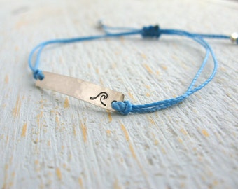 Wave Bracelet, Silver Wave Bracelet, Wave Charm Bracelet, Wave String Bracelet, Adjustable Wave Bracelet, Stamped Wave Bracelet