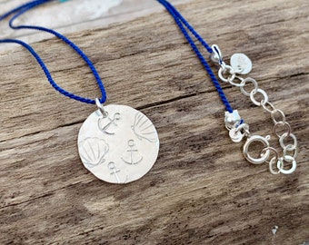 beach disc necklace, nautical disc necklace, anchor disc necklace, circle anchor necklace, circle shell necklace, sterling silver disc, silk