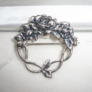 Vintage Sterling Roses Scrolled Vines Brooch
