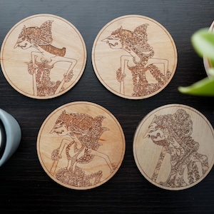 Wayang Set (of 4) Laser Engraved Coasters - Indonesian-Themed gifts for your home | Varnished Birch Wood with Cork Bottom