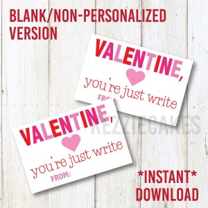 Printable INSTANT DOWNLOAD "you're just WRITE" Valentines ~ Print at home ~ Valentine Pencil/Pen/Marker Tag ~ Candy free