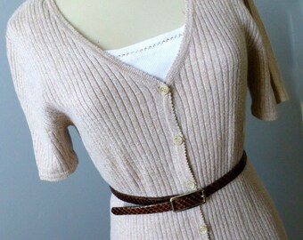 Ladies Short Sleeve Sweater Knit Cardigan  - S/M - Vintage Cotton Ramie Rib Jacket Top-Oatmeal Beige