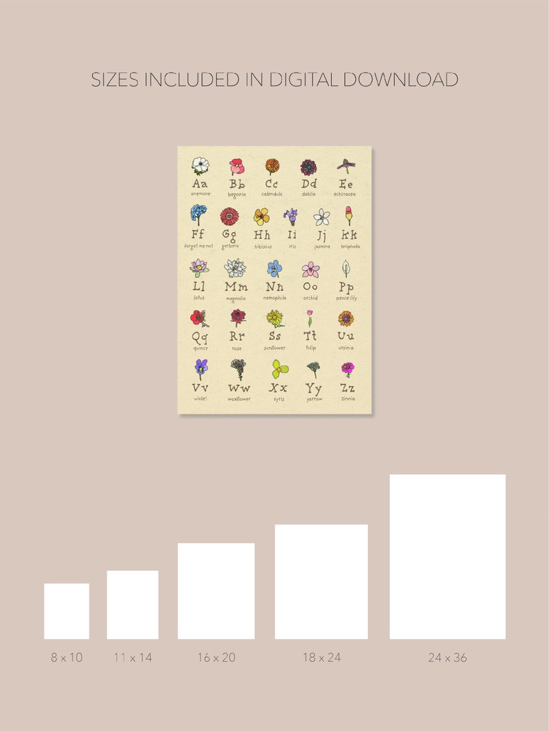 Flower Alphabet Poster Flower Alphabet Print Flower Nursery Etsy