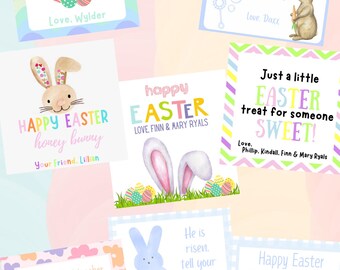 May include: A set of ten printable Easter gift tags featuring various illustrations of bunnies, eggs, and other Easter-themed imagery. The tags include text such as "Happy Easter", "Just a little Easter treat for someone sweet!" and "You're the best teacher any bunny could ask for!"