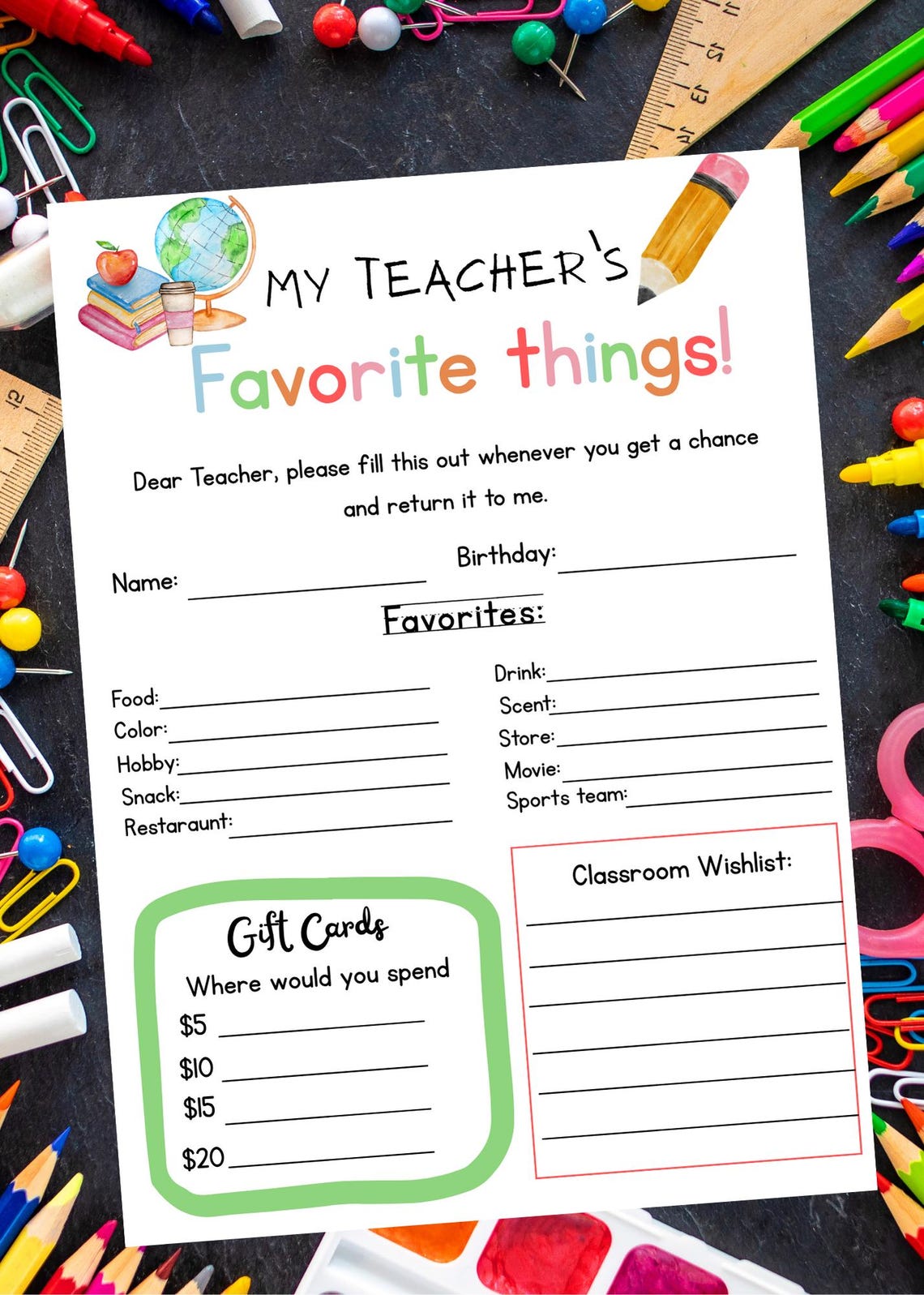 My Teacher's Favorite Things Printable - Etsy