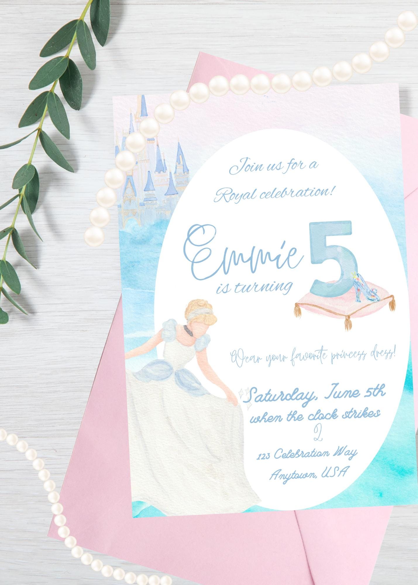 Watercolor Cinderella Princess Theme Birthday Invitation Editable ...