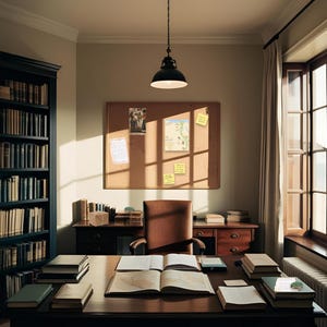 Puede incluir: Una oficina en casa con un escritorio de madera, una silla de cuero marr&oacute;n y un tablero de corcho con notas y un mapa. El escritorio tiene una pila de libros, una computadora port&aacute;til y una l&aacute;mpara. La habitaci&oacute;n tiene una ventana grande con cortinas blancas.