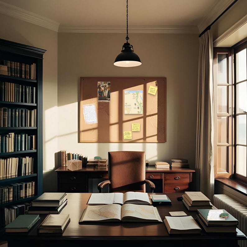 Puede incluir: Una oficina en casa con un escritorio de madera, una silla de cuero marr&oacute;n y un tablero de corcho con notas y un mapa. El escritorio tiene una pila de libros, una computadora port&aacute;til y una l&aacute;mpara. La habitaci&oacute;n tiene una ventana grande con cortinas blancas.