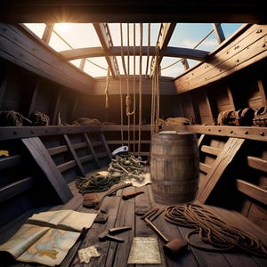 Puede incluir: El interior de un barco de madera con un barril, cuerdas y una pila de huesos. Un mapa y un trozo de papel con escritura est&aacute;n en el suelo.