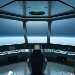 Puede incluir: Un puente de nave espacial futurista con una gran ventana que da a un planeta azul y blanco. El puente tiene una silla de capit&aacute;n y un panel de control con varios botones y pantallas.