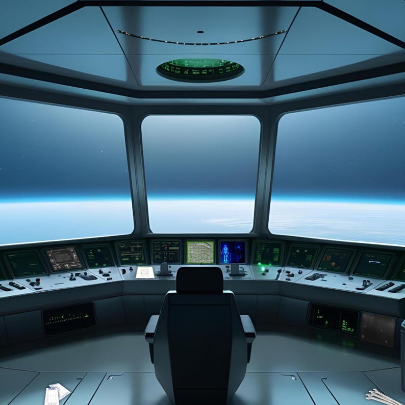 Puede incluir: Un puente de nave espacial futurista con una gran ventana que da a un planeta azul y blanco. El puente tiene una silla de capit&aacute;n y un panel de control con varios botones y pantallas.