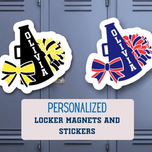 Spersonalizowany magnes lub naklejka dla kibiców z megafonem, pomponami i kokardą: niestandardowa nazwa drużyny, wodoodporny winyl