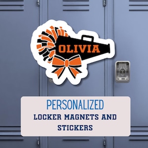 Personalisierter Cheer Bow Magnet oder Aufkleber: Teamname, wasserfestes Vinyl mit Cheer Poms, Megaphon und Schleife