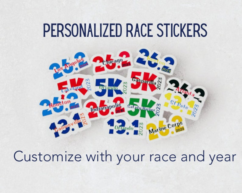 Gepersonaliseerde marathonracestickers Aangepaste halve marathonstickers Gepersonaliseerd marathoncadeau 5k en 10K-sticker Cadeau voor hardloper afbeelding 1