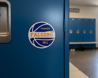 Imán o calcomanía de casillero de baloncesto personalizado con el nombre, colores y número de jugador de su equipo / Espíritu de equipo / Noche de los mayores