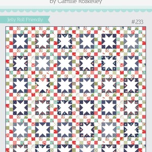 May include: A quilt pattern called "Hide & Seek" from the "Thimble Blossoms" collection by Camille Roskelley. The pattern features a white background with a grid of colorful squares and white stars.