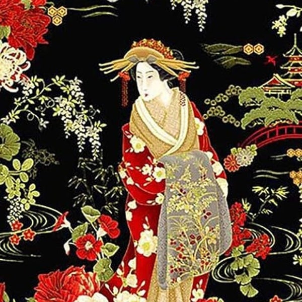 Kyoto Garden 24" Geisha Fabric Panel w/Gold Metallic, Chang-A Hwang for Timeless Treasures, CM1664-BLACK, 100% Cotton