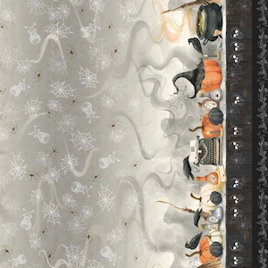 May include: A Halloween-themed pattern with a gray background featuring white spiderwebs, spiders, and skulls. The sides have decorative elements like pumpkins, witch hats, cauldrons, and typewriters. The border has a dark wood-like texture with floral accents.