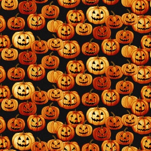 Haunted Village Black Jack O&#39; Lanterns - Color Principle for Henry Glass Fabrics - 2803-99 - 100% Quilting Cotton Cut Continuously