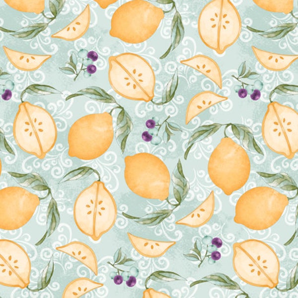 Sweet Tea Lemons Aqua by Maddalee Studios for QT Fabrics - 29075-H - 100% Quilting Cotton Cut Continuously