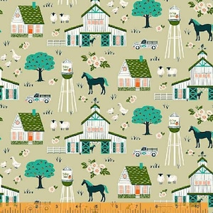 Cottage Farm Natural Vignette, Judy Jarvi for Windham Fabrics, 53249-2, 100% Cotton Cut Continuously