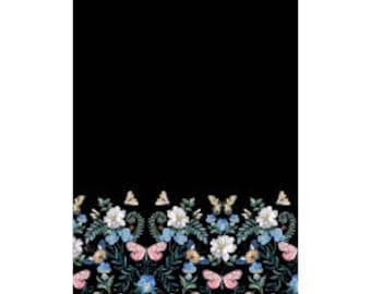 Black Floral Border Print, English Garden Cotton Fabric, Michael Miller, DDC10318-BLAC-D, By the Half Yard