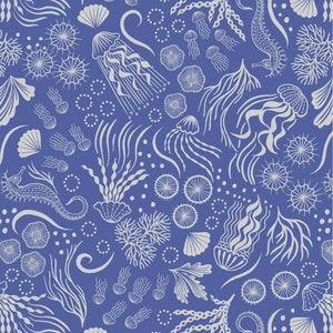 Moontide Periwinkle Blue Underwater Sea Life w/Silver Metallic - Lewis & Irene - A623-3 - 100% Quilting Cotton Cut Continuously