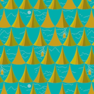 May include: A repeating pattern of yellow triangle shapes against a teal blue background. Each triangle has a white outline and contains a small white house with a white string of lights. The pattern is reminiscent of a tent city.