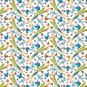 May include: A seamless pattern featuring green tree frogs with orange and white stripes, blue butterflies, and dragonfly wings on a white background.