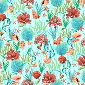 May include: Sea life pattern featuring red and blue coral, seashells, starfish, and seaweed on a turquoise background.
