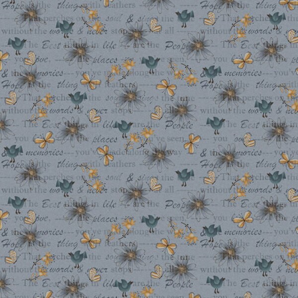 Bluebird of Happiness Mixed Media Blue by Janet Rae Nesbitt for Henry Glass Fabrics - 2719-77 - 100% Quilting Cotton Cut Continuously