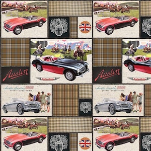 May include: A vintage wallpaper pattern featuring a repeating design of red Austin Healey 3000 sports convertibles, horses, and a checkered pattern. The wallpaper has a vintage look and feel.