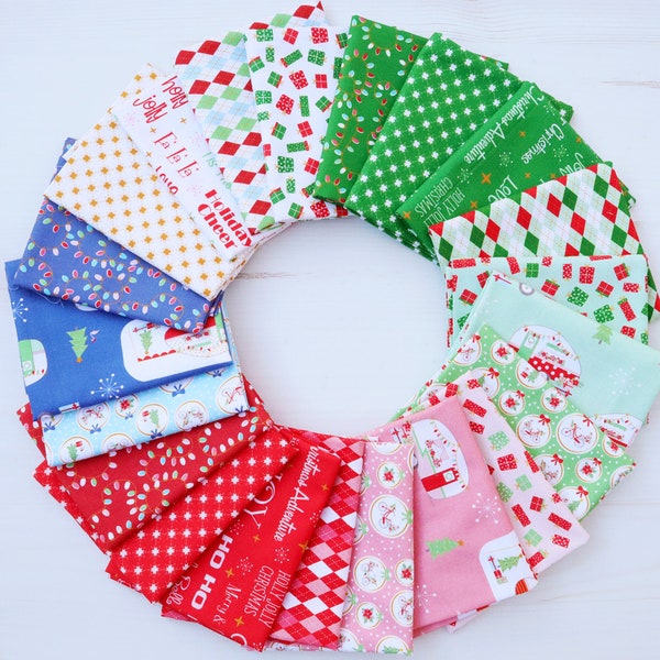 Christmas Adventure Fat Eighth or Fat Quarter Fabric Bundles, Beverly McCullough for Riley Blake Designs, 21 Hand Cut Prints