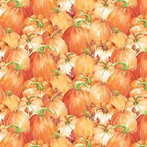 May include: A seamless pattern of watercolor pumpkins in shades of orange and brown. The pumpkins are arranged in a random pattern, with some overlapping. The background is white.