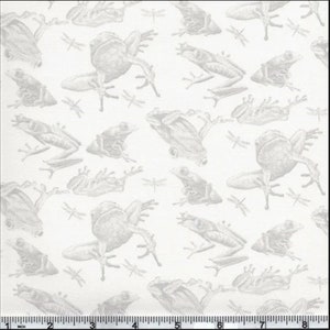 May include: White fabric with a repeating pattern of gray frogs and dragonflies. The frogs are in various poses, some are jumping, some are sitting, and some are swimming. The dragonflies are also in various poses, some are flying, some are landing, and some are perched on the frogs.