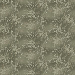 May include: A seamless pattern featuring delicate white floral sprigs with small round berries on a muted green background.